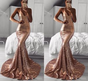 Gold Sexig Rose billig sjöjungfrun Prom paljetterade långa rygglösa klänningar Kvällskläder Vestidos de Fiesta Special Ocn Dress