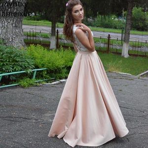 Benutzerdefinierte Ballkleider Elegante A-Linie Crew Vestidos De Graduacion Kontrastfarbe Nude Satin Applikationen Lange Abendgesellschaft Kleider Formal Neu