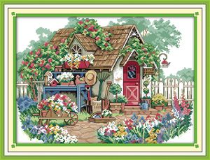 Flower cabin forest beauty house decor painting ,Handmade Cross Stitch Embroidery Needlework sets counted print on canvas DMC 14CT /11CT