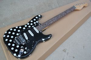 Chitarra elettrica nera personalizzata in fabbrica con ponte Floyd Rose, tastiera in palissandro, motivo a punti bianchi, personalizzabile