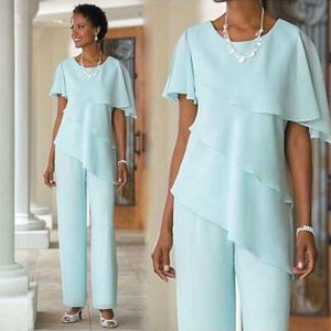 modern light blue mother of the bride pant suits 2 pieces chiffon trouser short sleeves ankle length groom mom gowns for wedding guest