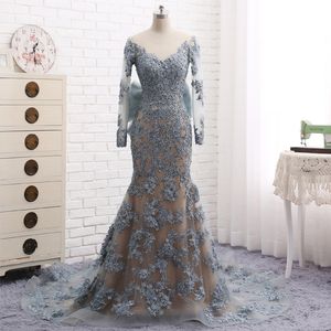 Setwell Grey Beads Koronki Suknie wieczorowe Niestandardowe Sweep Pociąg Suknie z Bow Backless Prom Dress Długi Rękaw Robe de Soiree