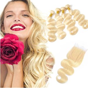 Extensões de cabelo humano não processado peruano Fornecedores de cabelo onda corporal 613 loira 4 pacotes com 4x4 lace fechamento cor natural 5 peças / lote