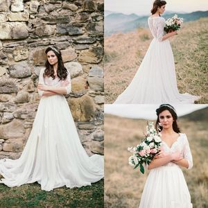 Neue West Country Strandhochzeitskleider A-Linie V-Ausschnitt 3/4 Langarm Boho Hochzeitskleid Maßgeschneiderte elegante Vestidos De Novia 760