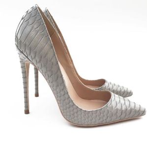 Hot Sale- New Fashion Grey Serpentine Tip Pointy Toes High-heeled Shoes 12cm Women Pumps,Sexy Gray Patent Leather Snake Stiletto Dress Shoes