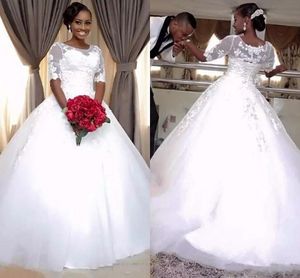 Modern A Line Wedding Dresses Sheer Neck Lace Appliques Half Sleeves Plus Size South African Button Back Bridal Gowns