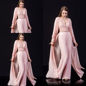 Nowe Lekkie Różowe Prom Dresses Jumpsuits Slim Long Sleeve Syrenki Custom Made Lace Aplikacje Suknia Wieczorowa Formalne szaty De Soirée