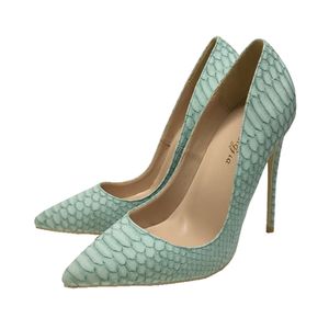New light green serpentine fine-heeled pointed high-heeled shoes 12CM super high-heeled shallow-mouthed women's shoes custom-made 33-45 yard