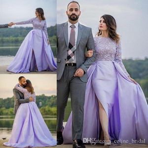Lavendel mantel kväll klänningar med övervakningar juvel nacke spets satin långärmad hög sida delad dubai arabiska formella festklänningar