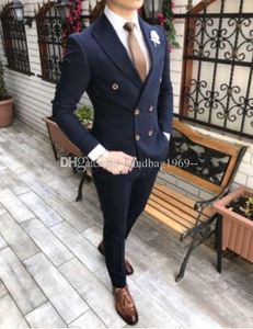 Slim Fits Double-Breasted Navy Blue Groom Tuxedos Peak Lapel Groomsmen Mens Suits Wedding/Prom/Dinner Blazer (Jacket+Pants+Tie) K460