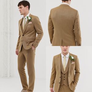 Khaki Groom Wedding Tuxedos Two Button Slim Fit Mens Pants Suits Back Vent Designer Formal Jackets Blazer(Jacket+Vest+Pants)