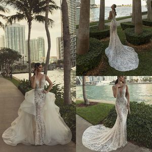 Overskirt Wedding Dresses Lace Applique Sequins Detachable Train Deep V Neck Mermaid Wedding Dress Luxury Beach Bridal Gowns Robes De Mariée