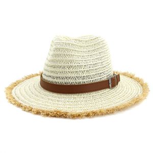 Yaz Geniş Kürklü Ağız Kağıt Straw Caz Şapka Unisex Kadın açık Güneşlik Şapka Kemer Toka Dekor Plaj Panama Kovboy Kap