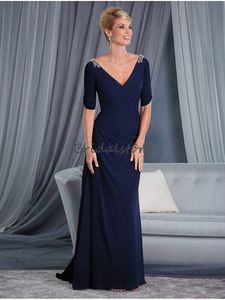 Charming Deep V Neck Mother Bride Dresses Beaded Straps Short Sleeve Floor Length Long Formal Evening Dresses Elegant 2018 Groom Mom Gown