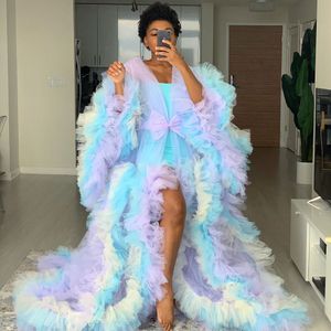 2020 Cute Colorful Women Tulle Robes Rainbow Tulle Dresses Bridal Maternity Ruffled Tulle Dress Long Sleeve Sheer Party Dress349C