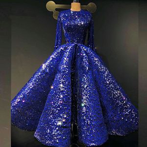 Royal Blue Sequined Evening Dresses Jewel Long Sleeves Sequins Sparkle Islamic Dubai Saudi Arabic Prom Dress Ball Gown Cheap Party Gowns