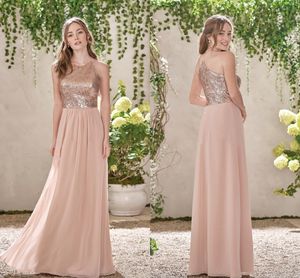 En Line Rose Gold -paljetter Topp Lång chiffonstrand brudtärklänningar Halter Backless Ruffles Blush Pink Maid of Honor -klänningar