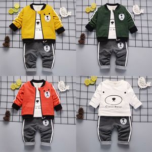 Wholesale 2t coat for sale - Group buy 2019 new style Spring Autumn cotton Zipper round collar bear pattern suit with coat long sleeve and trousers three pieces for boys and girls