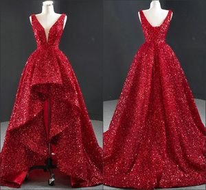 Bling Red Asymetryczne Prom Długie Formalne Suknie A-Line Cekinowe Podwójne V-Neck Sukienki Koronkowe Suknie Wieczorowe Nosić Page Comecoming Birdesmaid