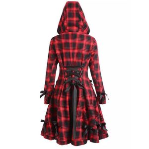 Wipalo Autumn Winter Gothic Trench Coat Vintage Red Black Plaid Back Drawstring Waist Long Overcoat Hooded Single Breasted Coats