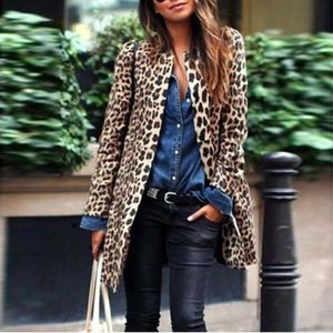 Höst Vinter Kvinnor Leopard Jacka Kvinna Sexig Vinter Varm Coat Nya Vindrock Cardigan Leopard Print Lång Outwear