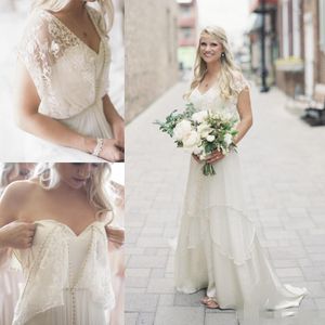 Kleider Strand Spitze Perlen Perlen Kurze Flügelärmel Weg Von der Schulter Stufenrock Chiffon Brautkleid Vestido De Novia