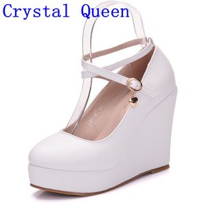 Crystal Queen White Platform Wedges Shoes Pumps Women High Heels Platform Shoes Round Toe Wedges Pumps Cross Tie Wedges Heels
