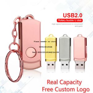 Gratis Custom Logo Pink Metal USB Flash Drive 32g Key Ring USB Stick Höghastighets Pendrive Memory 1/2/4/8/16/32/64 / 128GB Rotary Buckle U Disk