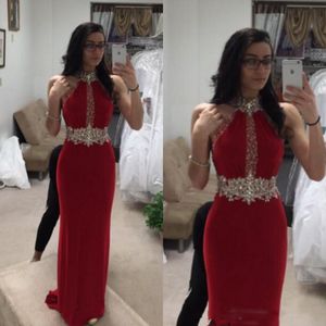 Column Elegant Evening Dresses Halter Neck Sleeveless Beads Crystals Red Long Formal Prom Party Gowns Sweep Train Custom Made