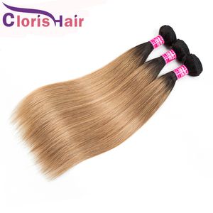 Markera 1b / 27 Ombre Extensions Raw Virgin Indian Human Hair Bundles 3st Billiga Två Ton Honung Blond Färgad Silky Rak Hårväv