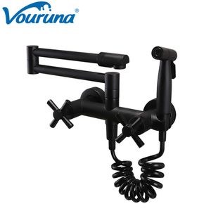 VOURUNA Blacken Pot Filler Hot and Cold Kitchen Faucet Wall Mounted Extendable Sink Tap with Bidet Spray