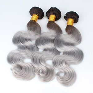 Nuovo arrivo # 1B / grigio 100% capelli umani vergini ondulati 7A onda del corpo brasiliana tessuto grigio argento capelli 3 pezzi / lotto estensioni dei capelli ombre