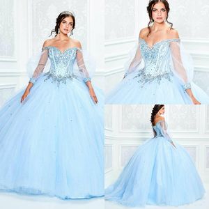 2020 ljusblå bollklänning quinceanera klänningar spets bodice korsett appliqued av axeln pärlstav prom klänning prinsessor kappor
