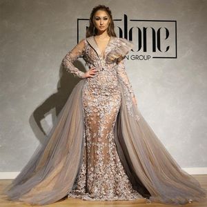 Charming Mermaid Lace Evening Dresses With Detechable Train Sheer Deep V Neck Prom Gowns With Long Sleeves Plus Size Formal Dress