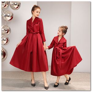 Wholesale mother and daughter christmas dresses resale online - Mother and daughter matching outfits high quality girls lapel long sleeve Bows belt princess dress christmas women evening party dress J1212