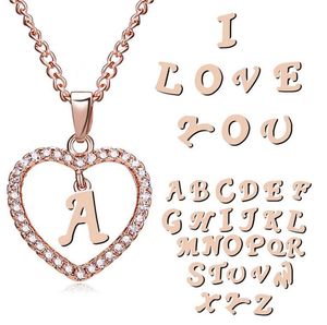 Classic Rose Gold 26 Brev Diamant Paved Kärlek Hjärta Hänge Halsband Alfabet A-Z Initial Letter Halsband Womens Smycken