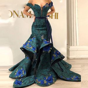 Длина Темно-зеленый Саудовская Аравия Полный Шнурок Mermaid Вечерние платья Многоуровневое 3D аппликациями пола длинное вечернее платье Платье-де-феста