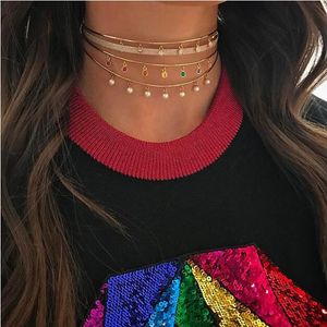 Partihandel - Torques Halsband Guldpläterad Rainbow Färgglada CZ Drop Round Dots Matal Wire Open Cuff Collar Choker Halsband