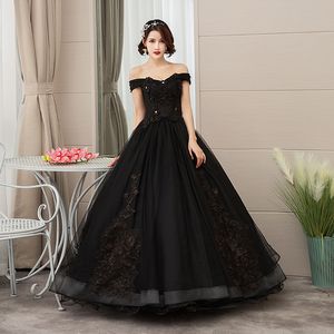 Schwarzes Ballkleid, gotische Brautkleider, schulterfrei, bodenlang, lang, Prinzessin, Perlen, Spitzenapplikationen, Tüll, nicht weiß, schwarzes Brautkleid