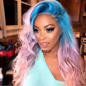 180densitet full sida del cosplay stil syntetisk spets fram peruk lång kroppsvåg blå ombre rosa färgstark wig värmebeständig fiber för kvinnor