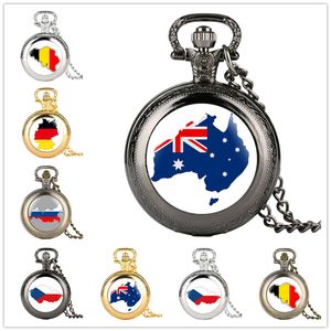 Steampunk-Uhren, Bronze/Schwarz/Silber/Gold, Australien/Belgien/Deutschland/Russland/Tschechische Republik, Länderflaggen-Design, Unisex, Quarz-Taschenuhr, Kette, Geschenk