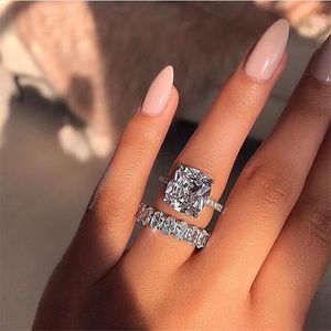 Ins Top Sell Simple Fashion Jewelry 925 Sterling Silver Cushion Shape White Sapphire CZ Diamond Gem Party Women Wedding Bridal Ring Set Gift