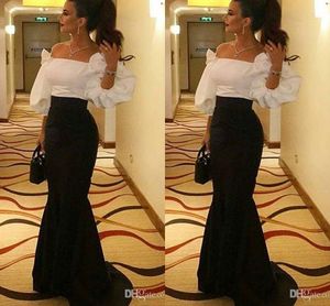 Black and Cheap White Mermaid Dresses Off Shoulder Bateau Neck Puffy 3/4 Sleeves Floor Length Formal Dress Prom Evening Gowns