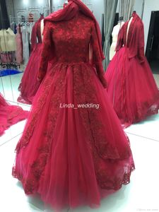 2019 Red Ball Suknia Islamska Muzułmańska Suknia Balowa Kaftan Suknia Ślubna Wysoka Neck Długie Rękawy Vintage Bridal Suknia Plus Size Custom Made