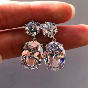 Female Crystal Zircon Stud Earrings Vintage Sterling Silver Wedding Jewelry Big White Blue Black Earrings For Women