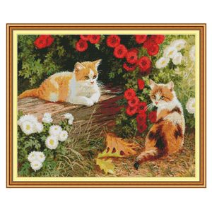 Kattunge i trädgården Heminredning Målning DIY Kit Handgjorda Kors Stitch Craft Tools Broderi Needlework Stetsar räknat utskrift på duk DMC 14ct / 11ct