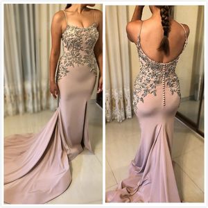 Aso Ebi 2020 Arabic Lace Beaded Crystals Evening Spaghetti Backless Prom Dresses Mermaid Formal Party Second Reception Gowns ZJ274