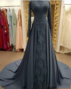 New African Gray Prom Dresses Wear Lace Appliques Beads Long Sleeves Overskirts Sweep Train Custom Made Evening Party Dress Gowns