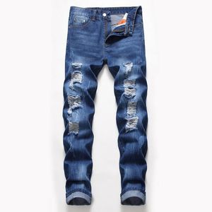 Duży rozmiar klasyczny prosty noga dżinsy projektant mody Slim Fit Umyj Solid Hole Biker Hip Hop Blue Denim Pants JB2