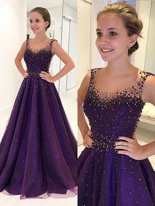 Dark Purple Crystal Bodies Prom Dresses Evening Gowns 2019 Sheer Neckline Cap Sleeve Sequins Beads Draped A-line Formal Dress Party Dresses